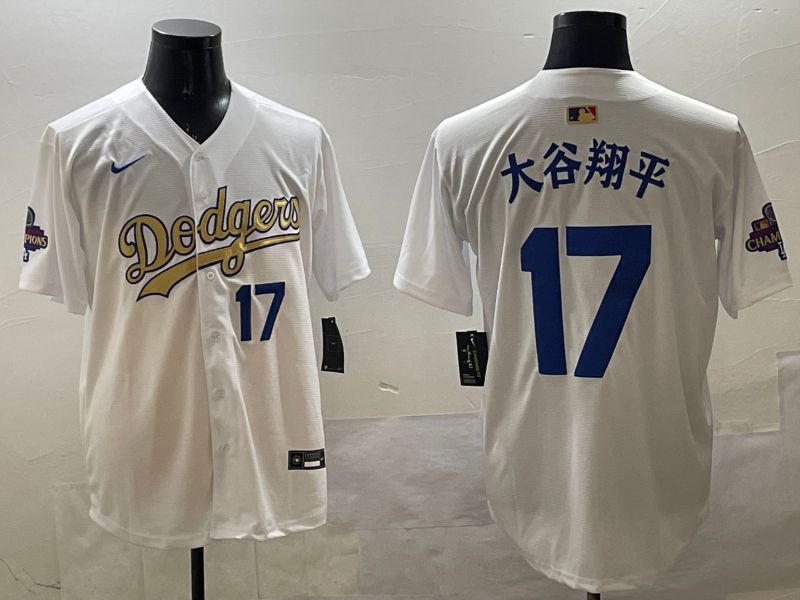 Men Los Angeles Dodgers 17 Ohtani White Champion gold character 2025 Nike MLB Jersey style 3317